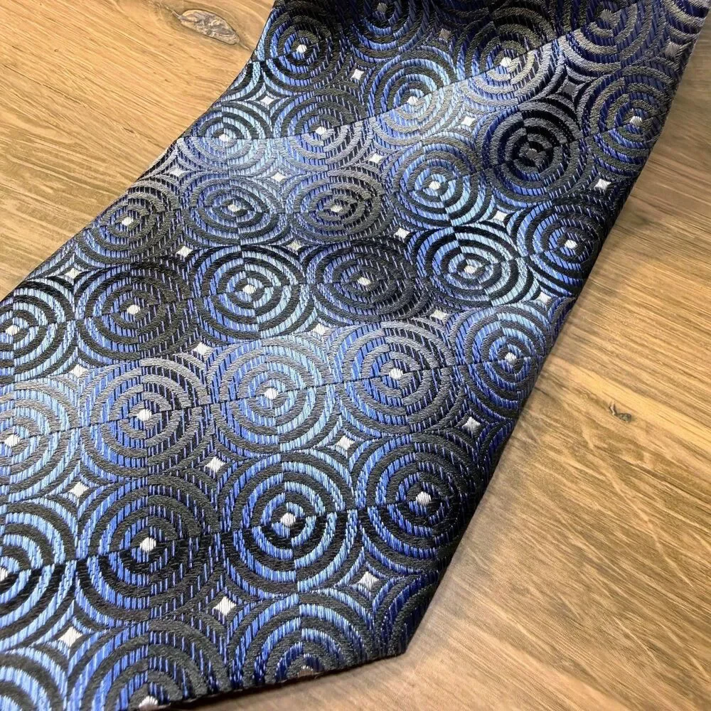 VTG Paul Dione Tie Blue Black Geometric Circle Print Silk Necktie